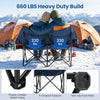 Heated double camping chair in navy with 4 heating zones, sturdy metal frame, and wine glass holders for outdoor comfort.