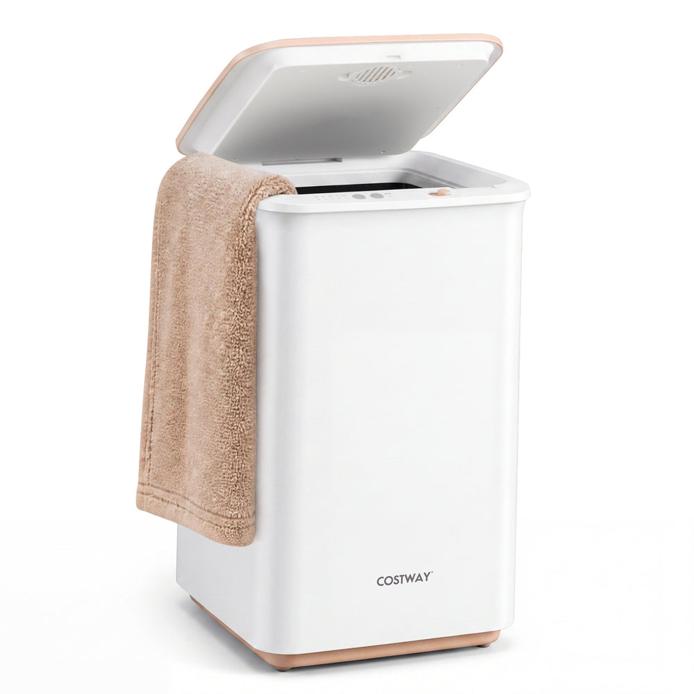 Heated towel warmer with a 20L capacity, stainless steel liner, and timer settings for spa-like comfort in bathrooms.