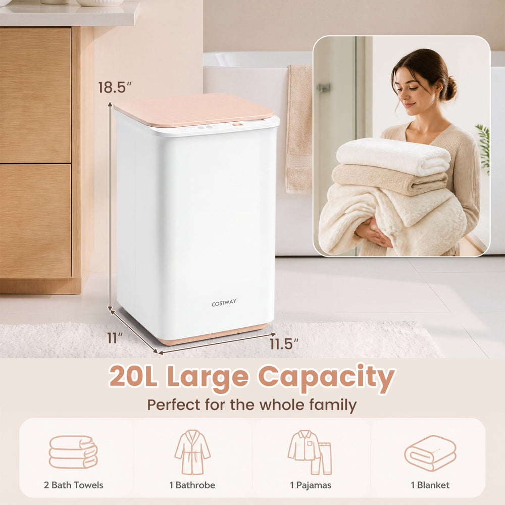 Heated towel warmer with 20L capacity, stainless steel liner, and four timer settings for spa-like comfort at home.