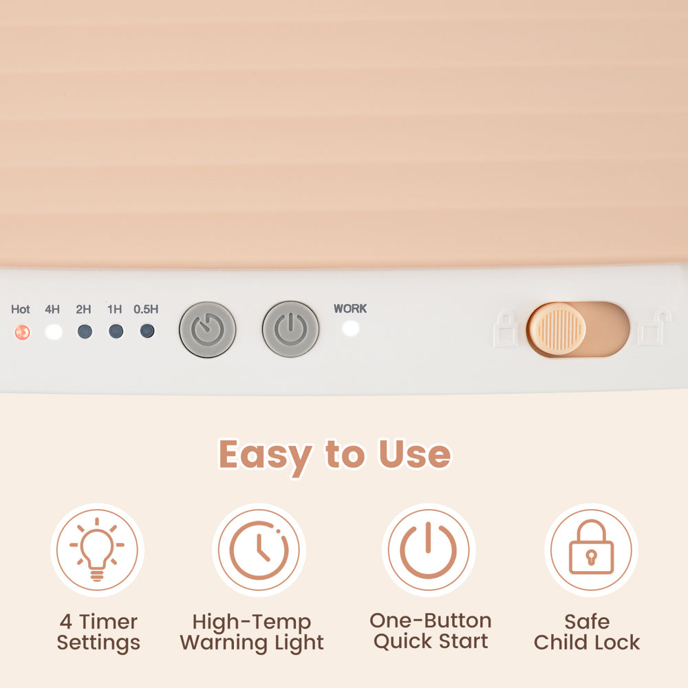 Heated towel warmer features 4 timer settings, high-temp warning light, and safe child lock for bathroom convenience.