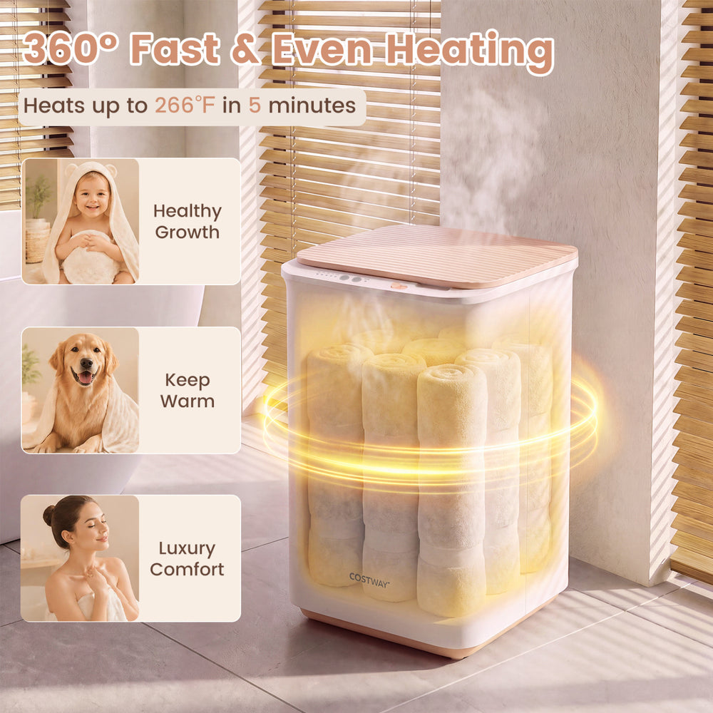 Heated towel warmer with stainless steel liner, 20L capacity, heats to 266℉ in 5 minutes for spa-like comfort.