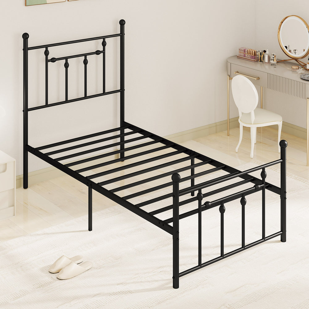 Twin size heavy-duty metal bed frame with headboard, featuring 12 slats and elegant design for versatile bedroom use.