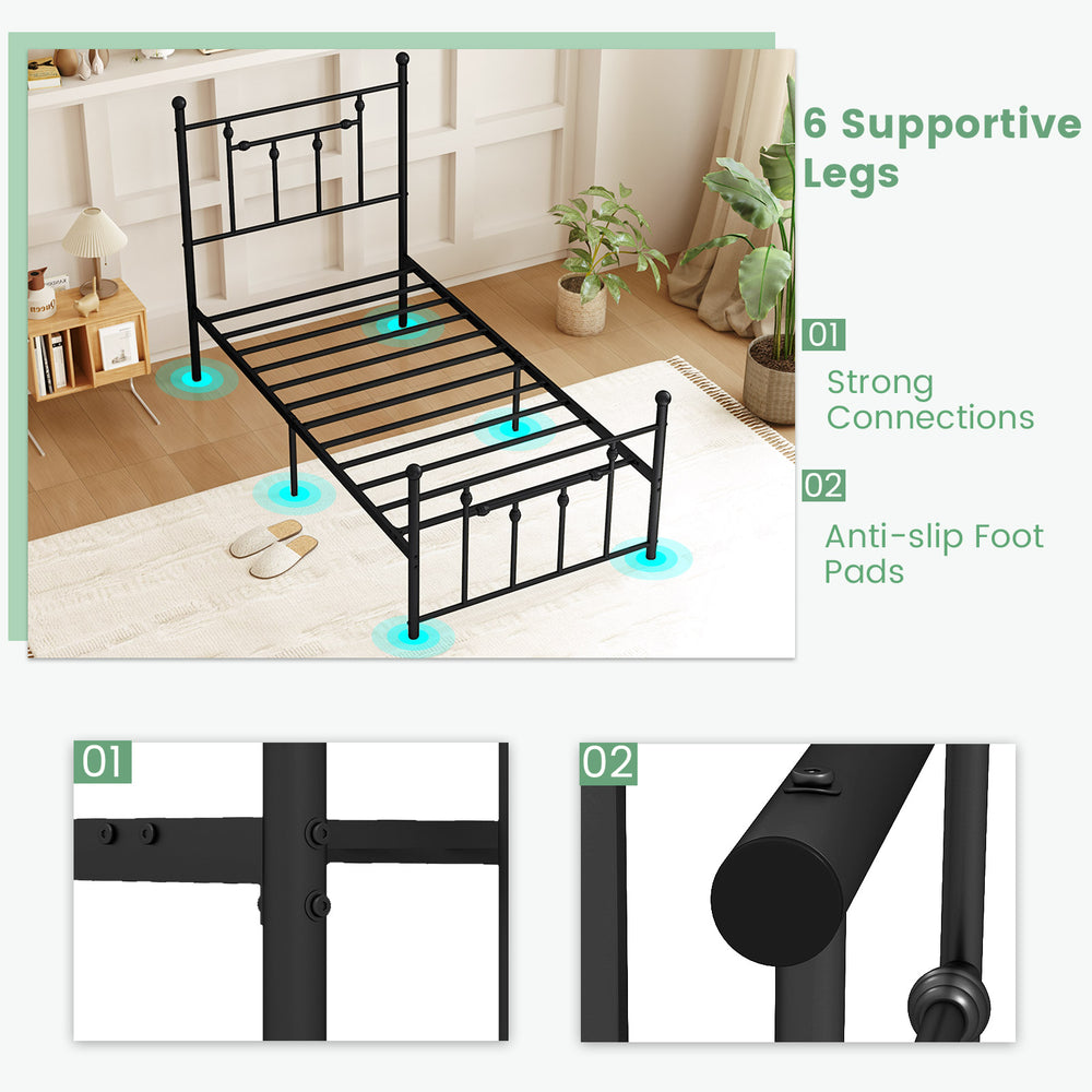 Twin size heavy-duty metal bed frame with headboard, featuring 6 supportive legs and anti-slip foot pads for stability.