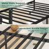 Metal bed frame with headboard showing slats support and buckle design for easy installation and stability.