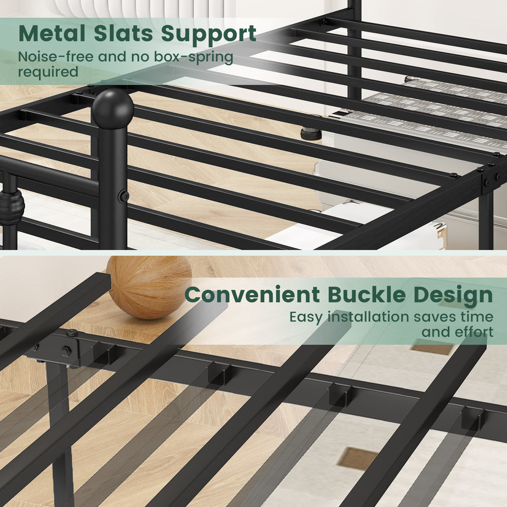 Metal bed frame with headboard showing slats support and buckle design for easy installation and stability.