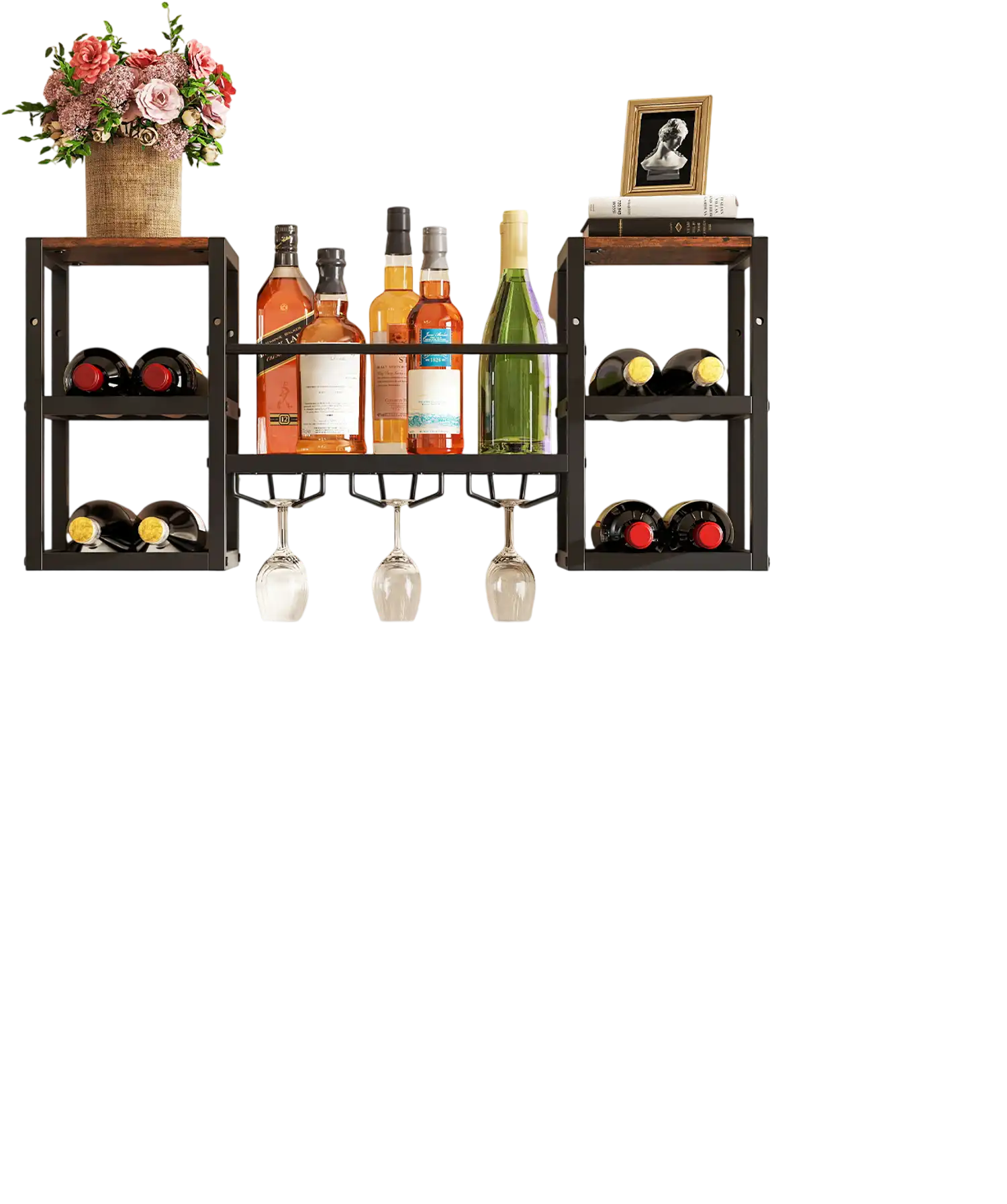 Costway Wall Mounted Wine Rack w/ Glass Holder Metal Frame 8-Bottle Rustic Brown 748915362 New