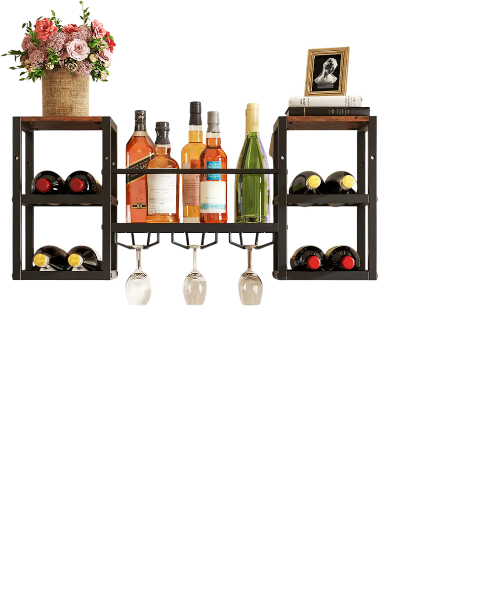 Heavy-duty wall-mounted wine rack in rustic brown, holding 8 bottles and glasses, perfect for kitchen storage or wine.