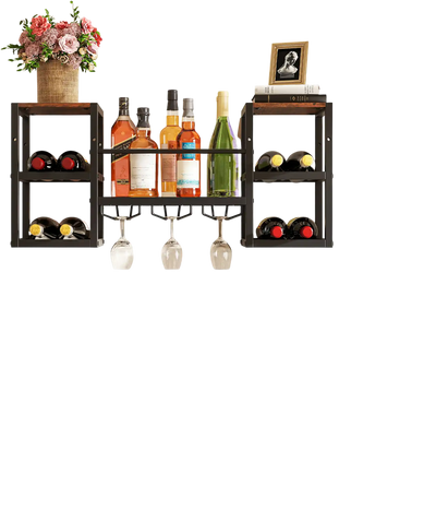Costway Wall Mounted Wine Rack w/ Glass Holder Metal Frame 8-Bottle Rustic Brown 748915362 New
