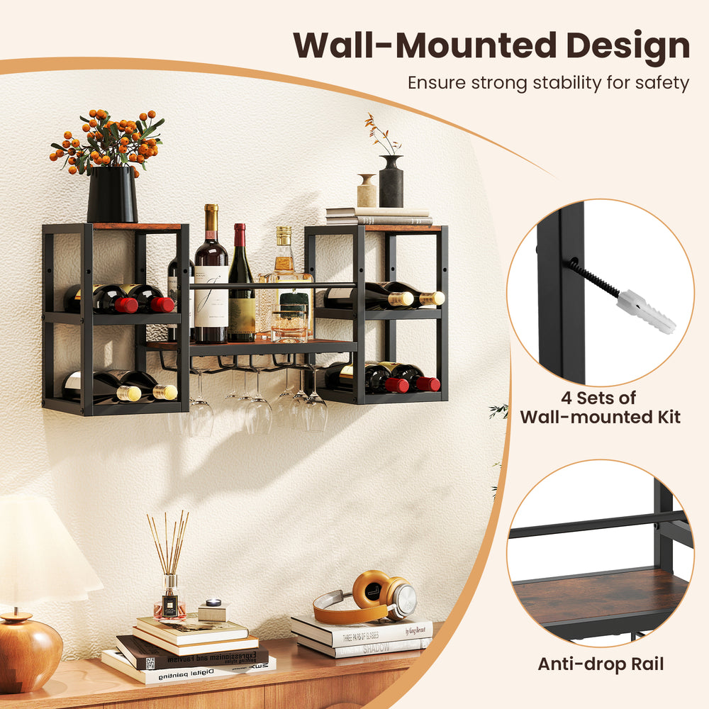 Heavy-duty wall-mounted wine rack in rustic brown with 8-bottle holder and glass holder for stylish storage.