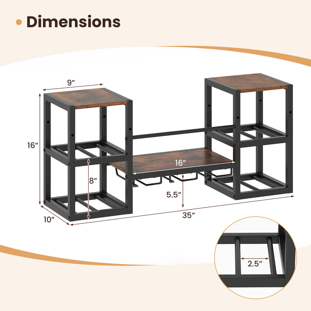 Heavy-duty wall-mounted wine rack with rustic brown shelves, metal frame, and storage for 8 bottles and glasses.