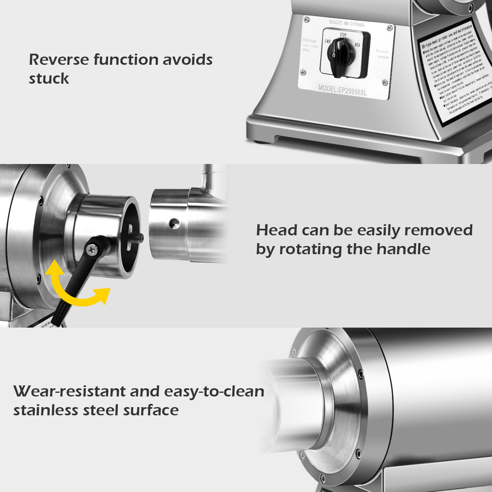 Close-up of the stainless steel head of the Heavy Duty 1.5HP Meat Grinder, featuring a detachable design for easy.
