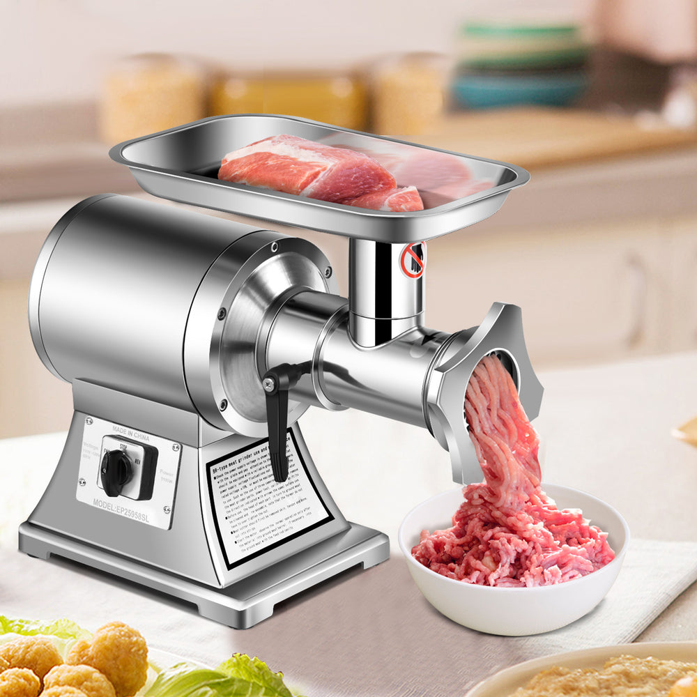 Heavy duty stainless steel meat grinder with 1.5HP motor, capable of grinding 550 lbs of meat per hour for commercial.