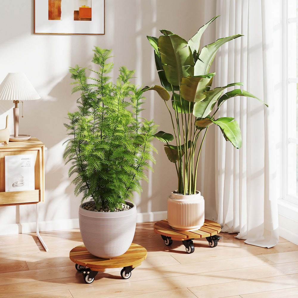 Rolling plant stands made of solid acacia wood with 360° lockable casters, perfect for indoor plants and decor.