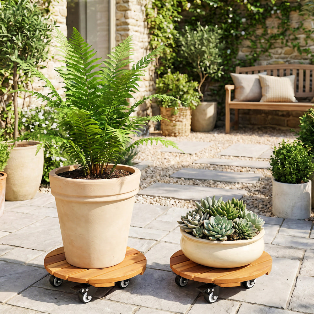 Heavy duty acacia wood rolling plant stands with 360° lockable casters, perfect for moving large pots in the garden.