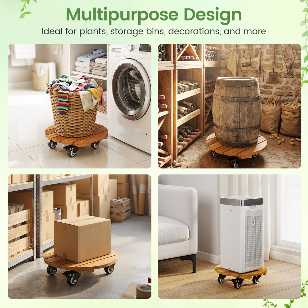 Heavy duty acacia wood rolling plant stand with 360° lockable casters, perfect for plants and storage bins.