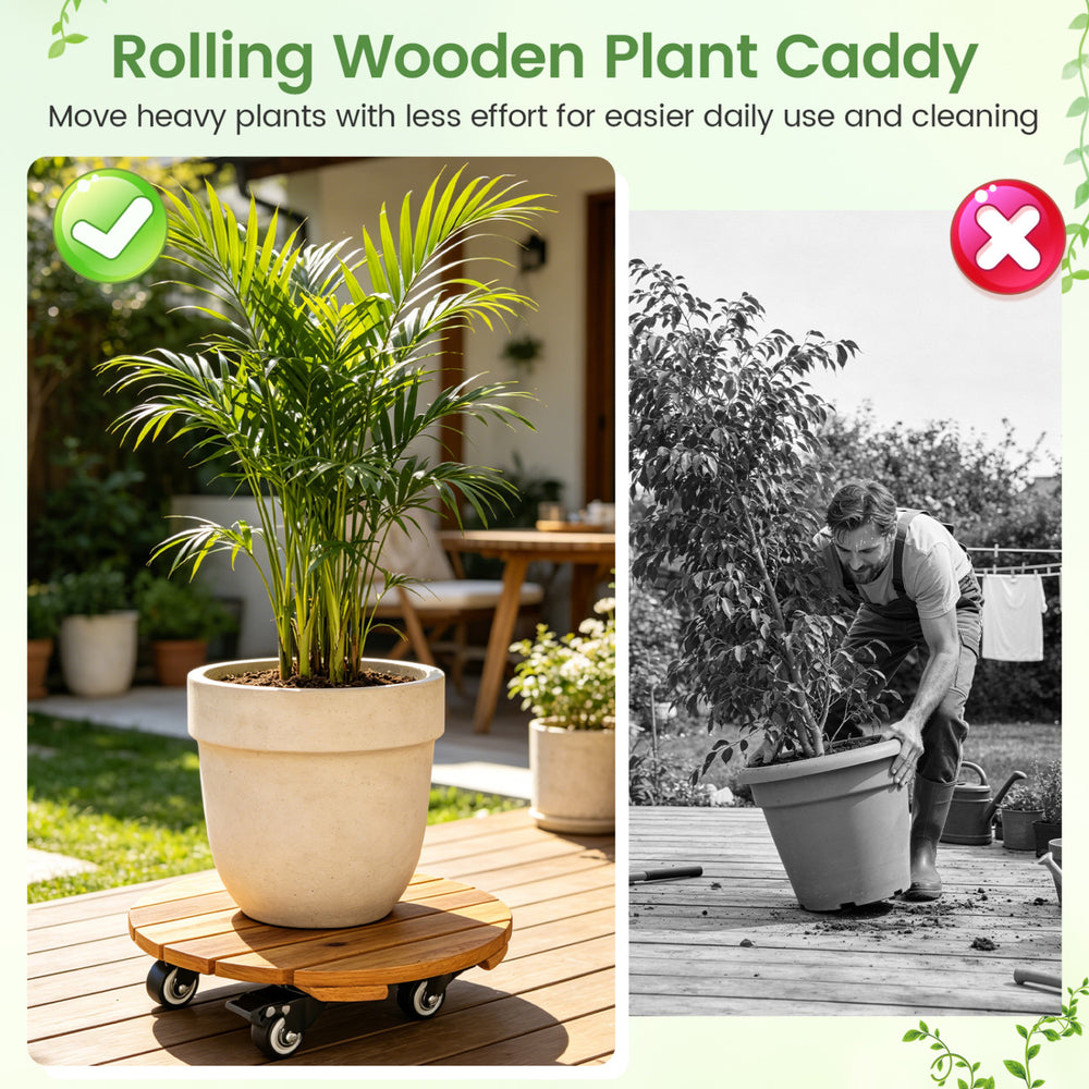 Heavy duty acacia wood rolling plant caddy with 360° lockable casters, ideal for easy movement and stability of heavy.
