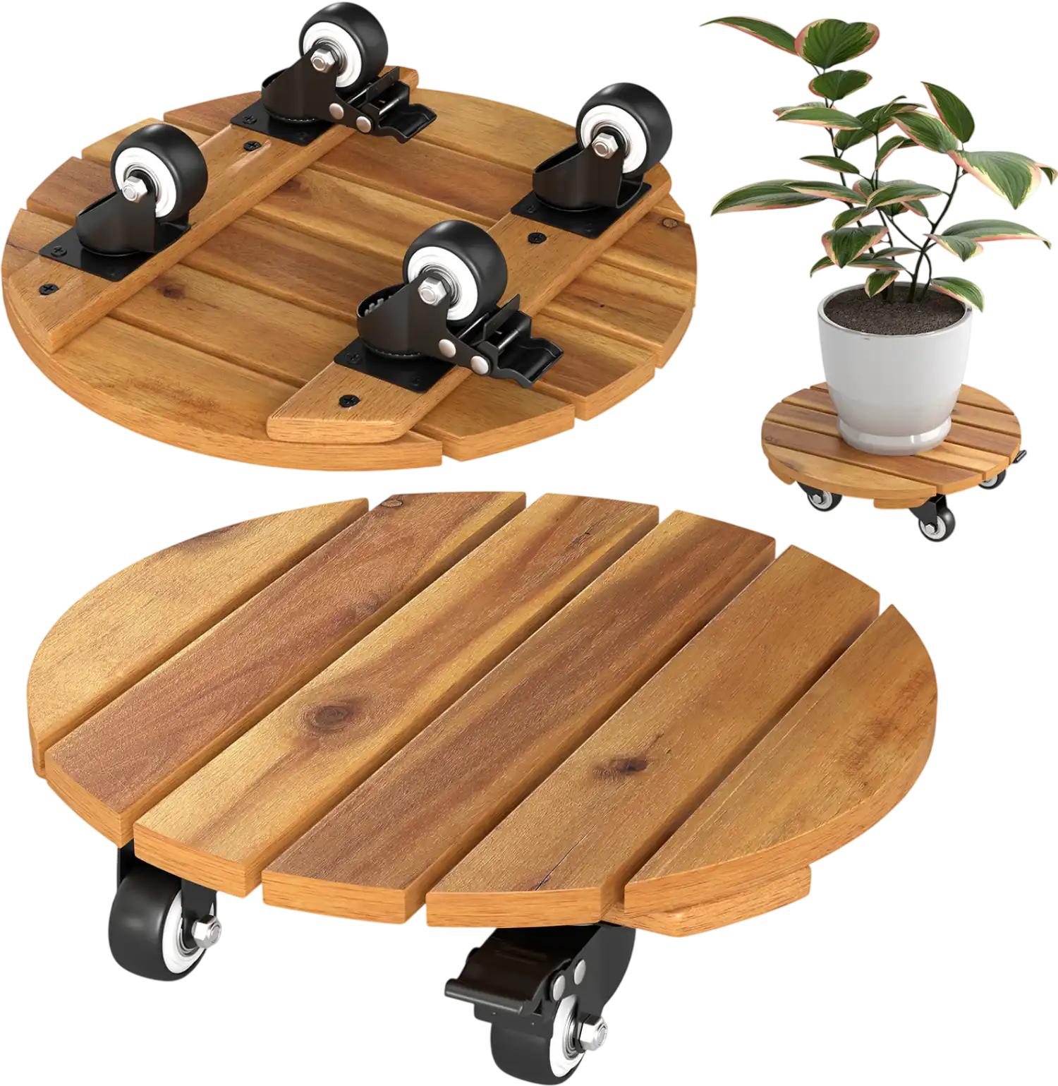 Costway Heavy Duty Acacia Wood Rolling Plant Stand w/ 360° Lockable Casters 27688639 New