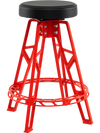 Red heavy-duty aluminum garage bar chair with a 360° swiveling padded seat, ideal for workbenches 41"-44" high.