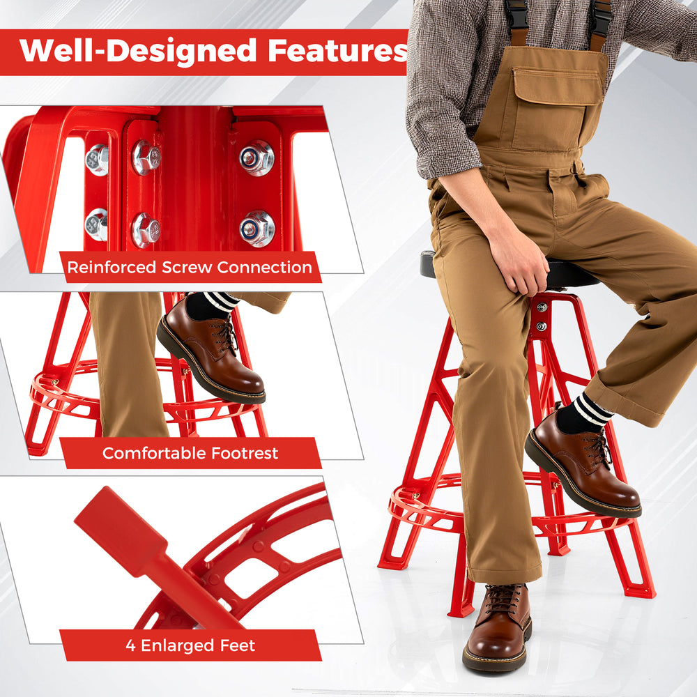 Heavy-duty aluminum garage bar chair in red with 360° swiveling seat, reinforced screw connection, and comfortable.