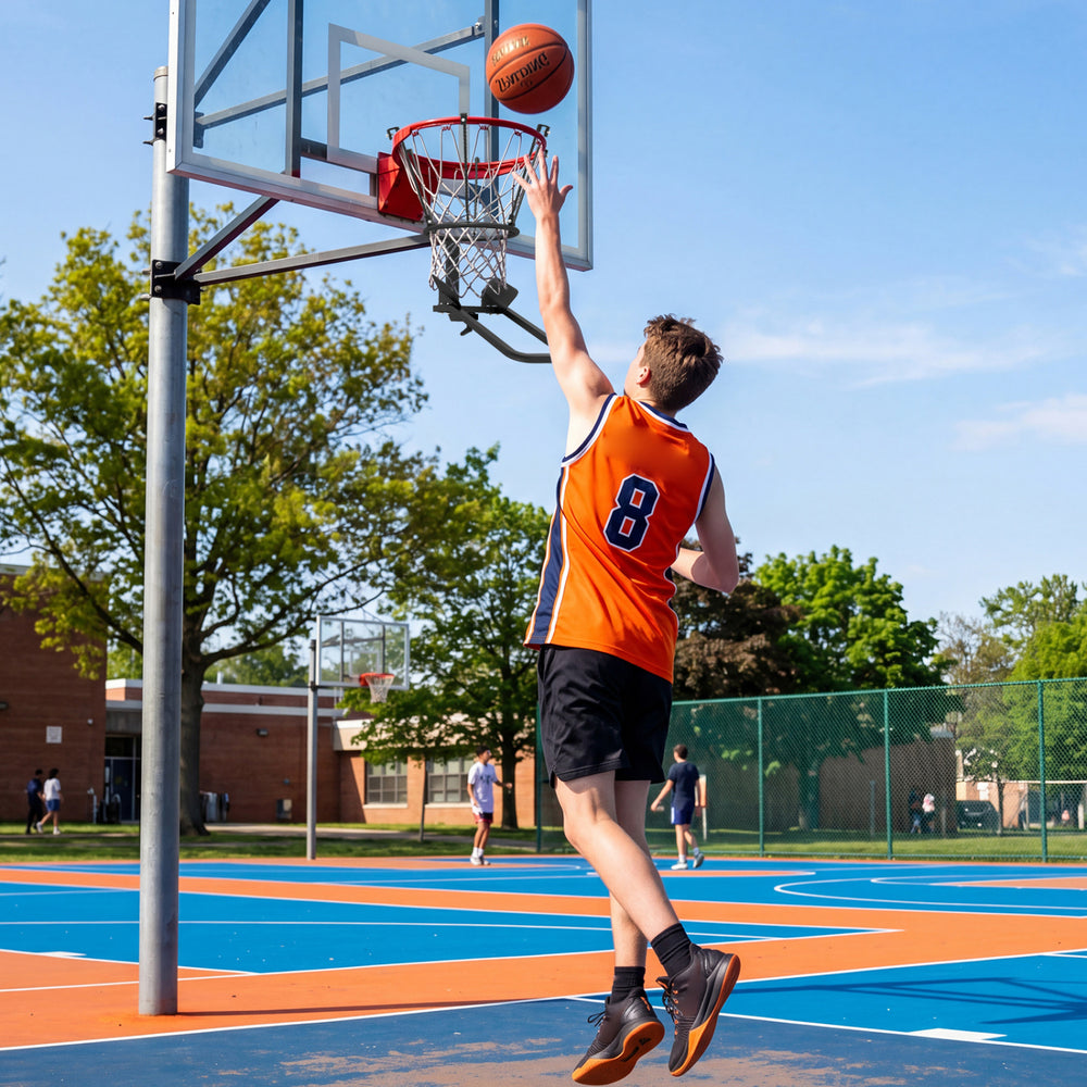 Heavy-duty basketball return attachment with 6 sturdy hooks, designed for efficient solo shooting drills on standard.