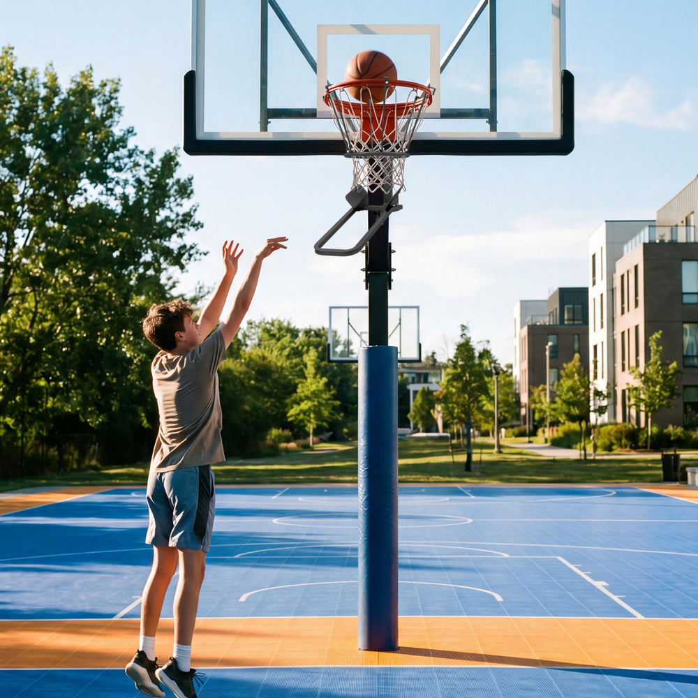 Heavy-duty basketball return attachment with 6 sturdy hooks, designed for efficient solo shooting drills outdoors.
