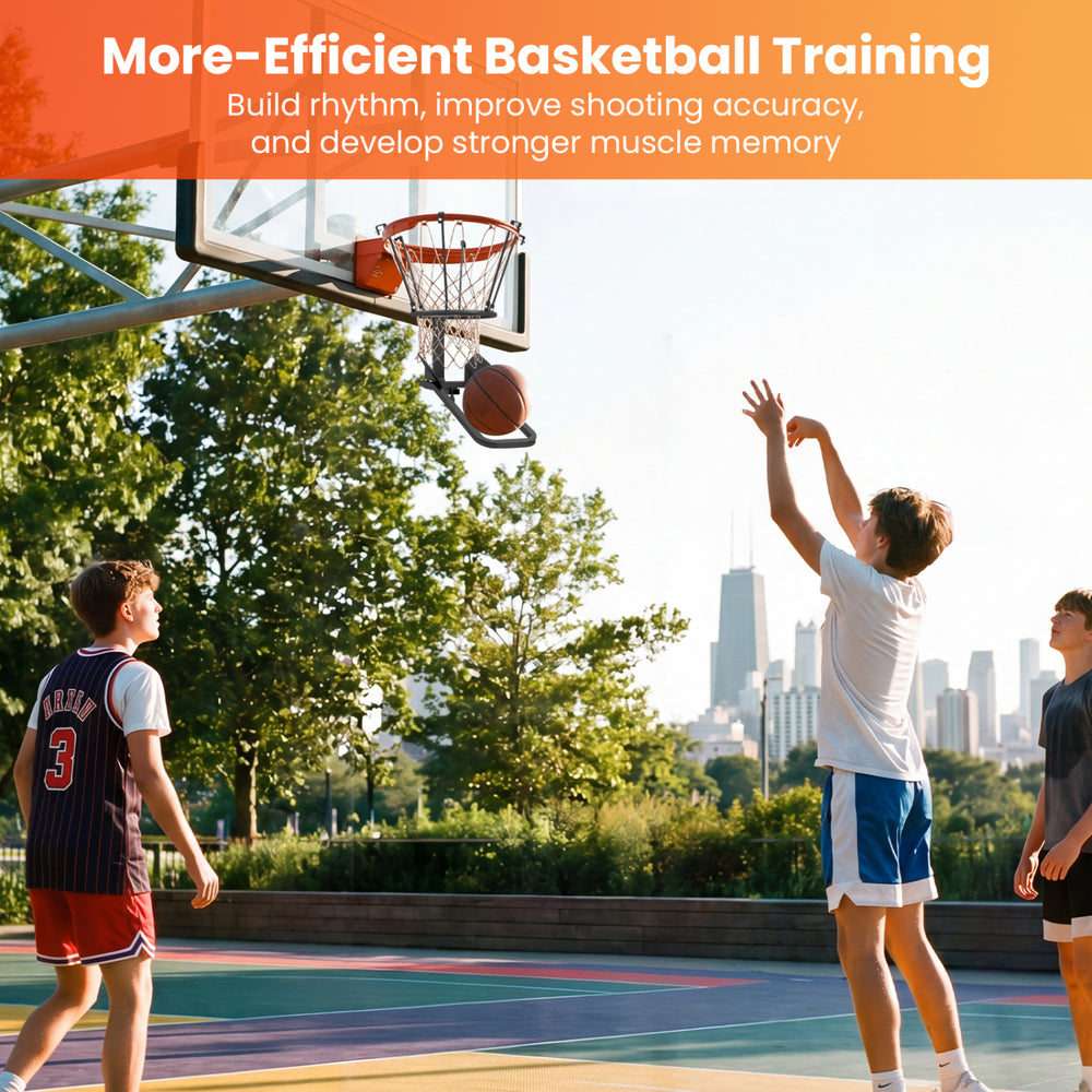 Heavy-duty basketball return attachment with 6 sturdy hooks for smooth solo drills and efficient shooting practice.