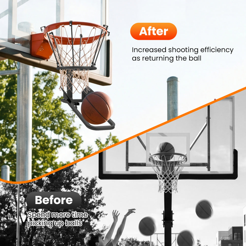 Heavy-duty basketball return attachment with 6 sturdy hooks for efficient solo practice and automatic ball returns.