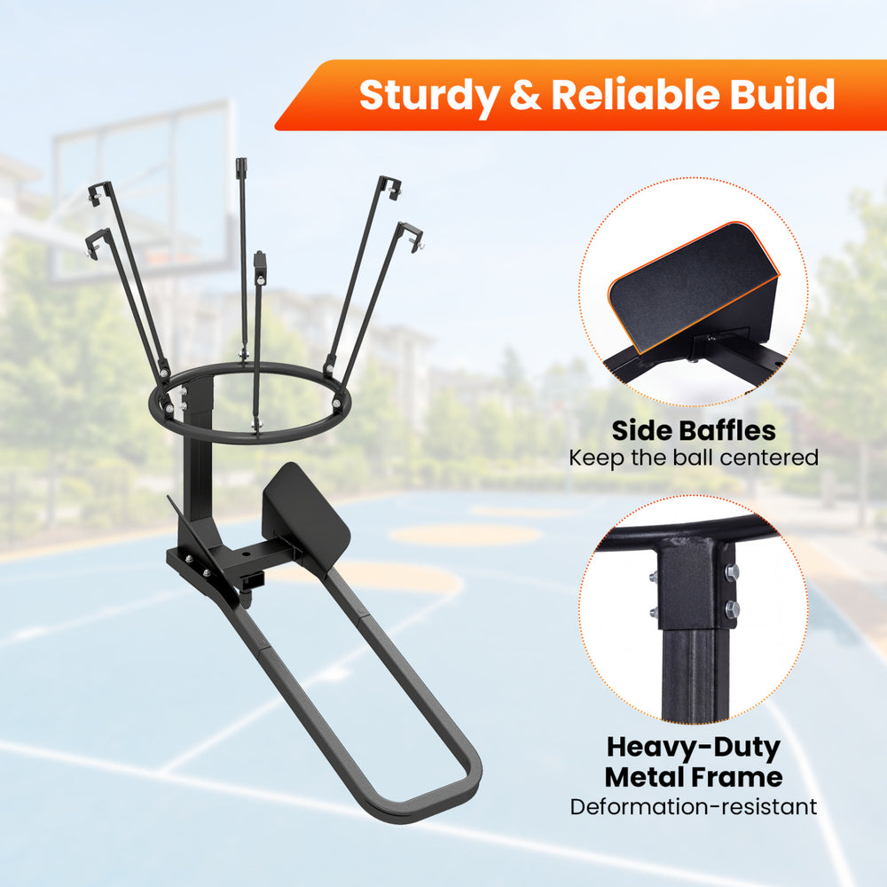 Heavy-duty basketball return attachment with 6 hooks and side baffles for smooth solo practice and efficient training.