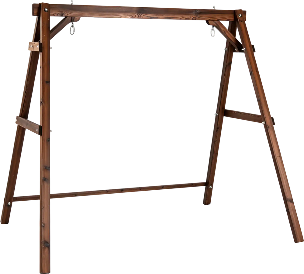 Heavy-duty carbonized fir wood swing frame with reinforced bars and two hanging rings for stable outdoor use.