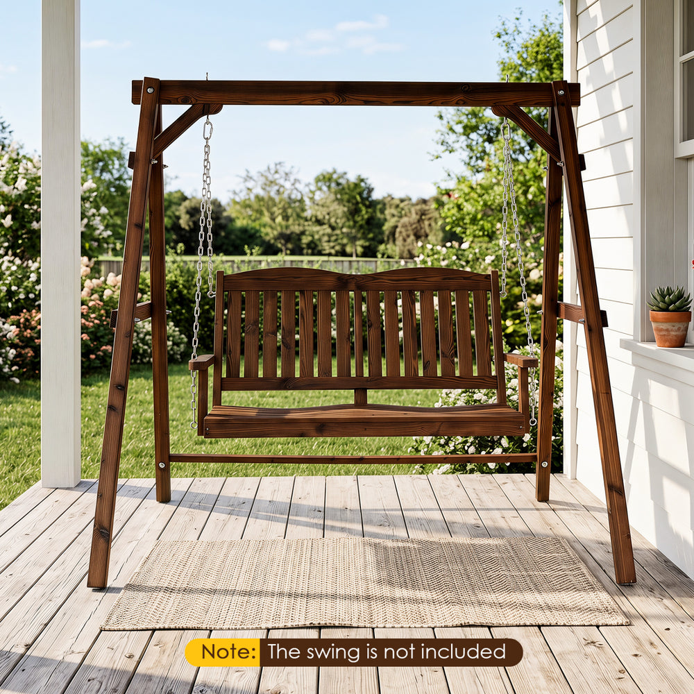 Heavy-duty carbonized fir wood swing frame with reinforced structure, featuring a charcoal finish for enhanced weather resistance.