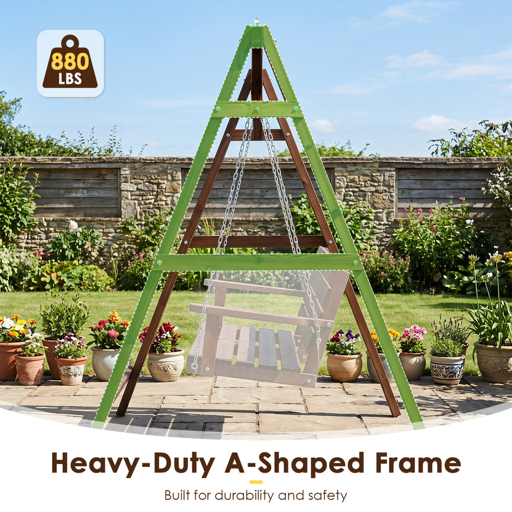Heavy-duty A-shaped swing frame made of carbonized fir wood, supporting up to 770 lbs for safe outdoor use.