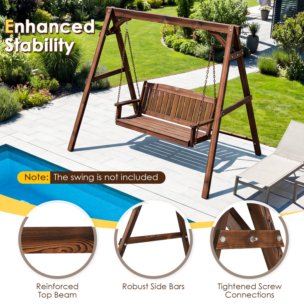 Heavy-duty carbonized fir wood swing frame with reinforced bars, designed for stability and supporting up to 770 lbs.