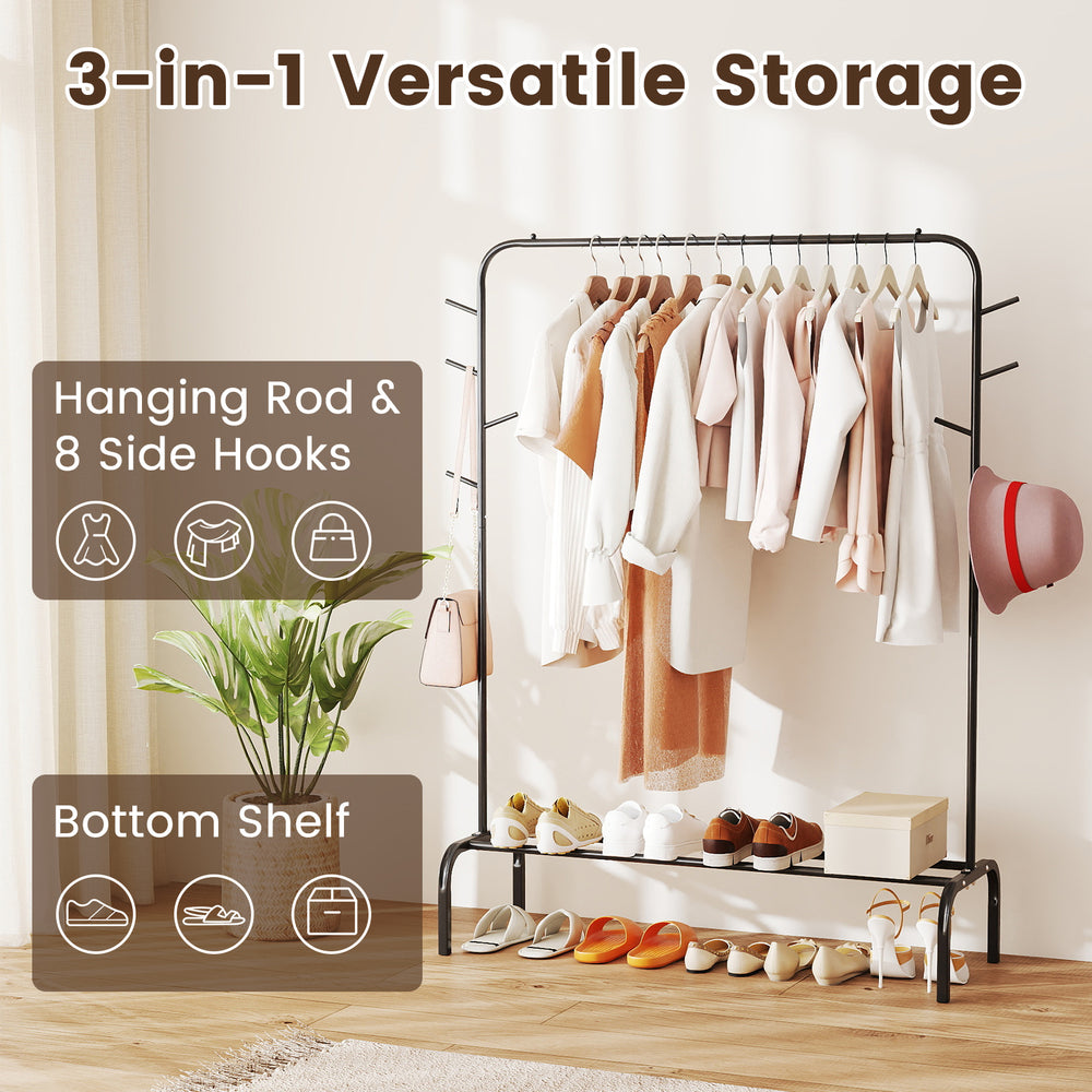 Heavy-duty black metal garment rack with hanging rod, side hooks, and bottom shelf for versatile storage in any space.
