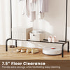 Heavy duty black garment rack with 7.5" floor clearance, featuring a bottom shelf for extra storage and easy cleaning.