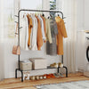 Heavy duty black metal garment rack with hanging rod, side hooks, and bottom shelf for versatile storage in any room.