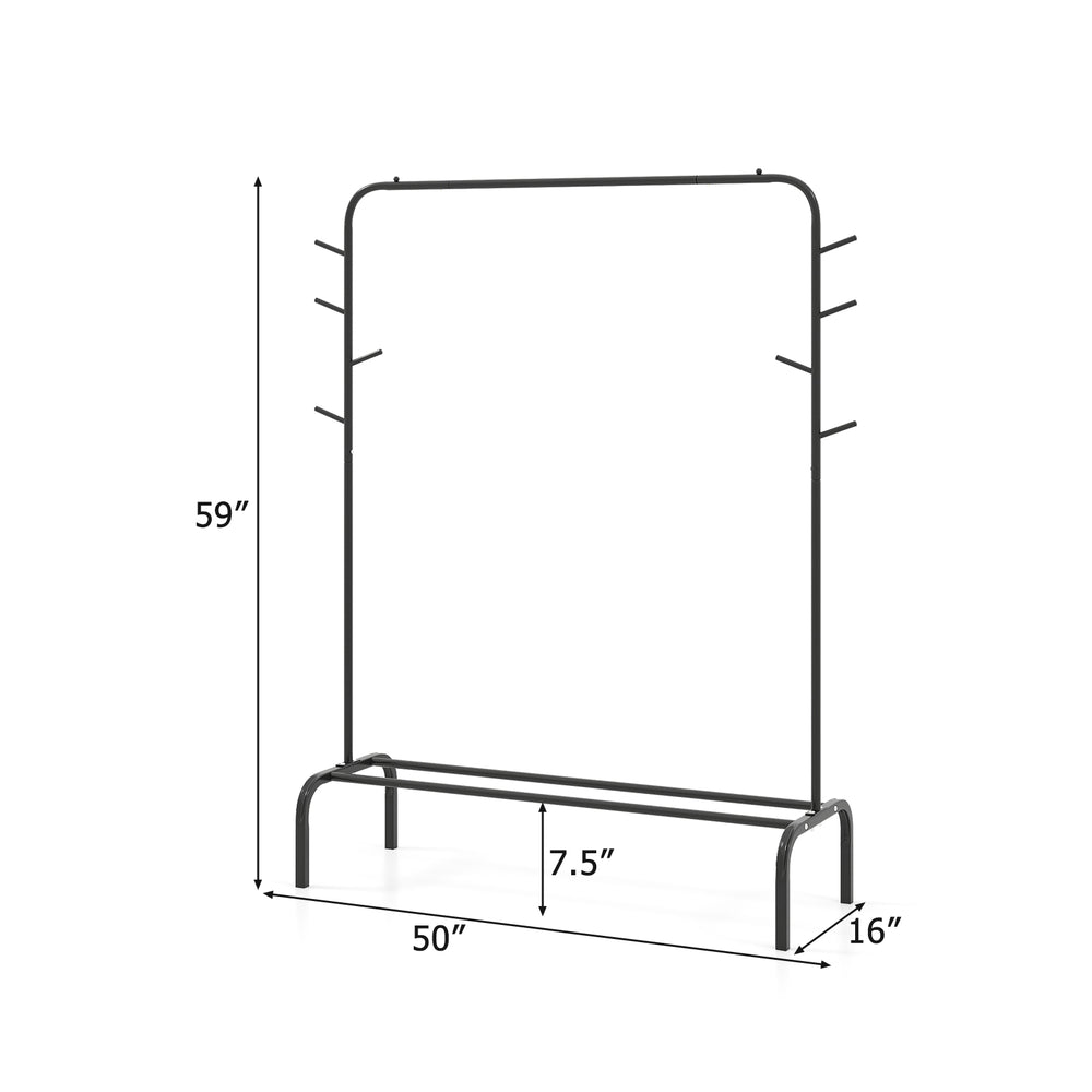 Heavy duty black metal garment rack with 8 side hooks, 50-inch width, and 7.5-inch floor clearance for versatile.