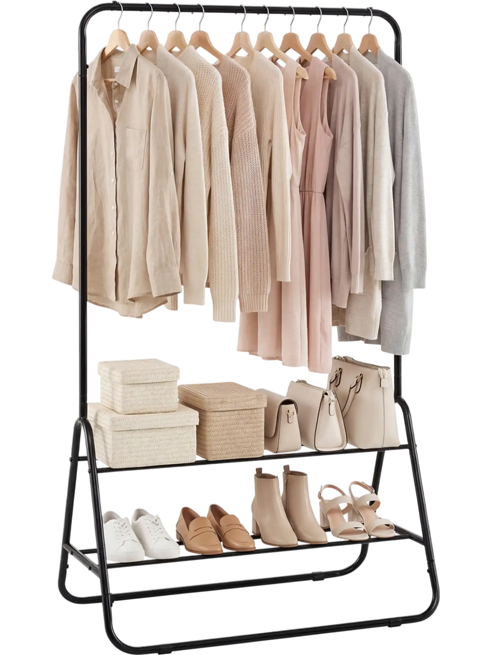 Heavy duty black clothes rack with hanging rod, two storage shelves, and various clothing and accessories displayed.