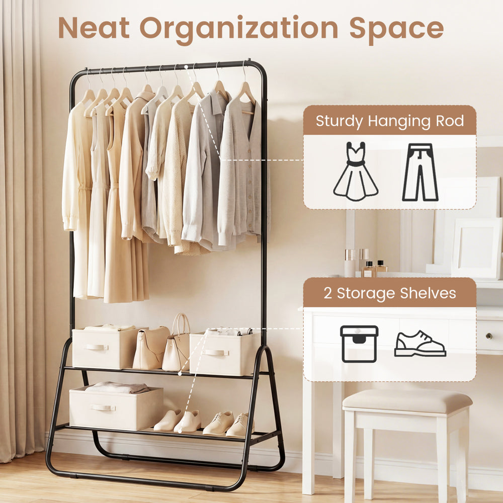 Heavy duty black clothes rack with hanging rod and two storage shelves, ideal for organizing dresses and shoes.