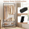 Heavy-duty black clothes rack featuring a hanging rod and two storage shelves for organized clothing and accessories.
