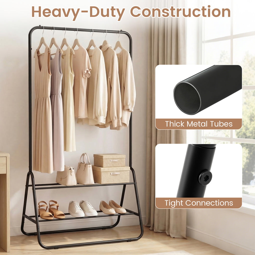 Heavy-duty black clothes rack featuring a hanging rod and two storage shelves for organized clothing and accessories.