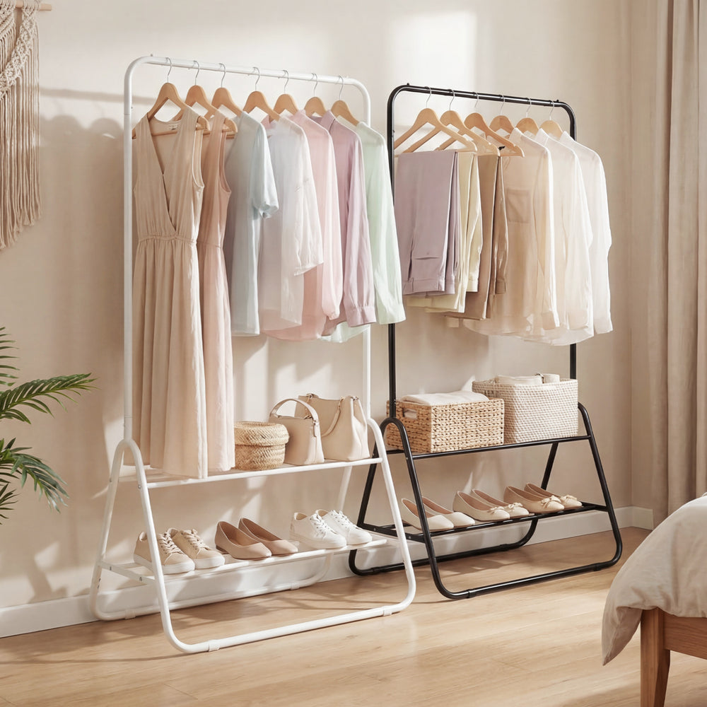 Heavy duty black clothes rack showcasing a side view with hanging rod and two shelves for shoes and accessories.
