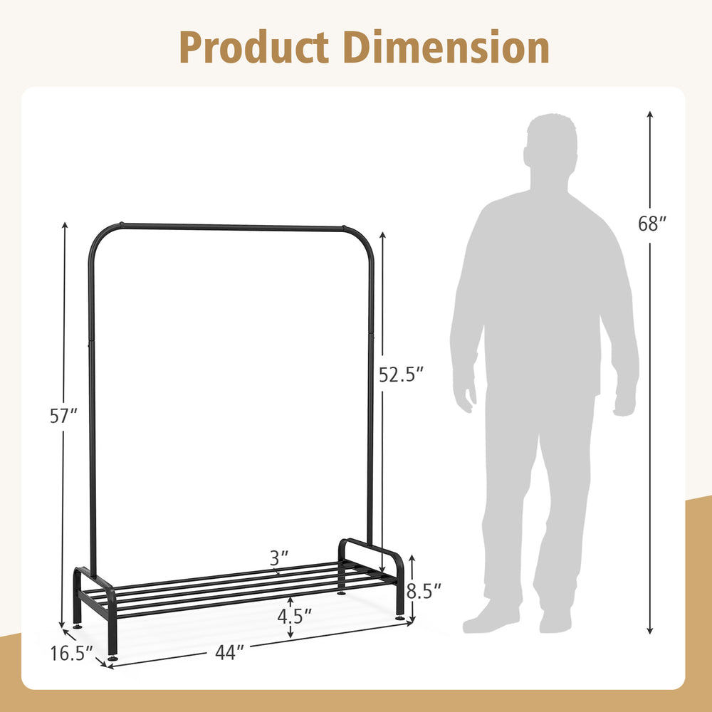 Heavy duty clothes stand rack dimensions with top rod and lower storage shelf, ideal for organizing clothes and.