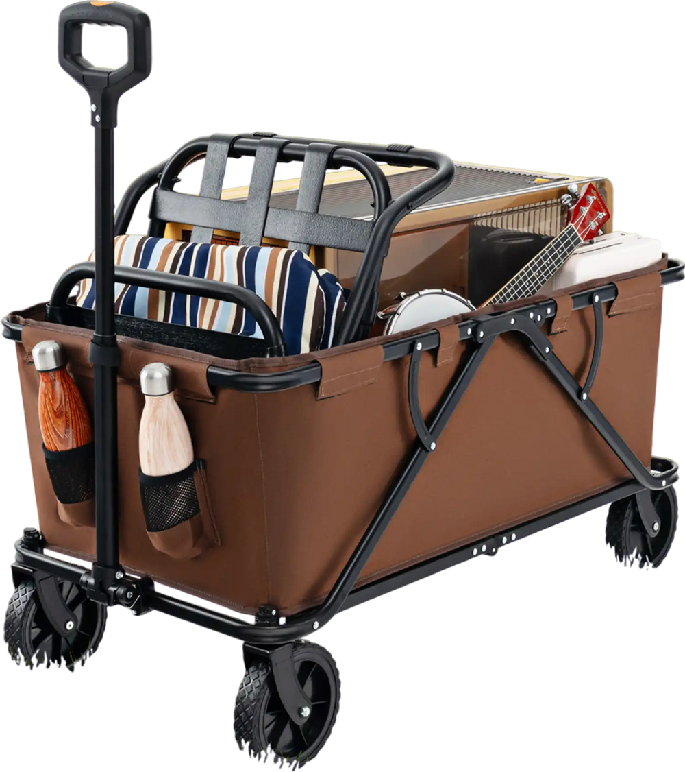 Collapsible folding wagon cart in coffee color with adjustable handlebar, perfect for outdoor storage and transport.