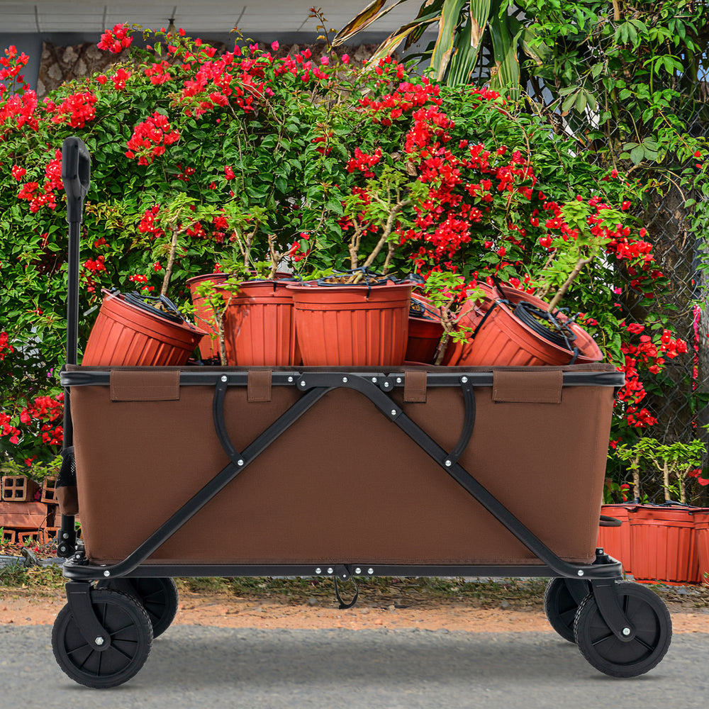Collapsible folding wagon cart in coffee color with plants, featuring a heavy-duty frame and all-terrain wheels for.