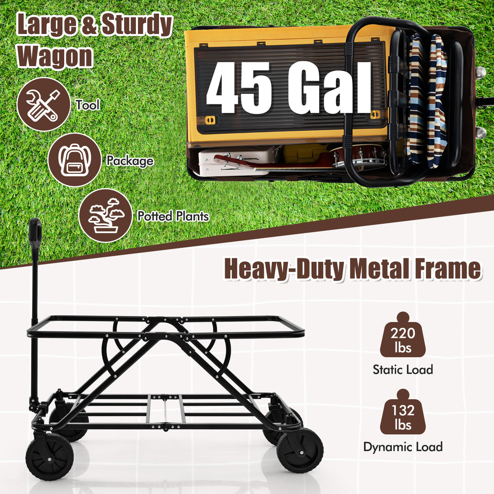 Collapsible folding wagon cart with adjustable handlebar, 45-gallon capacity, heavy-duty frame, and all-terrain wheels.