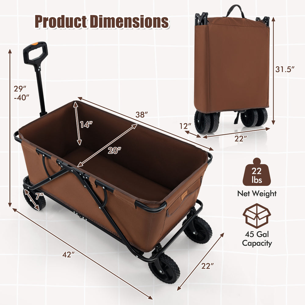 Collapsible folding wagon cart in coffee color with 45-gallon capacity, adjustable handle, and all-terrain wheels.