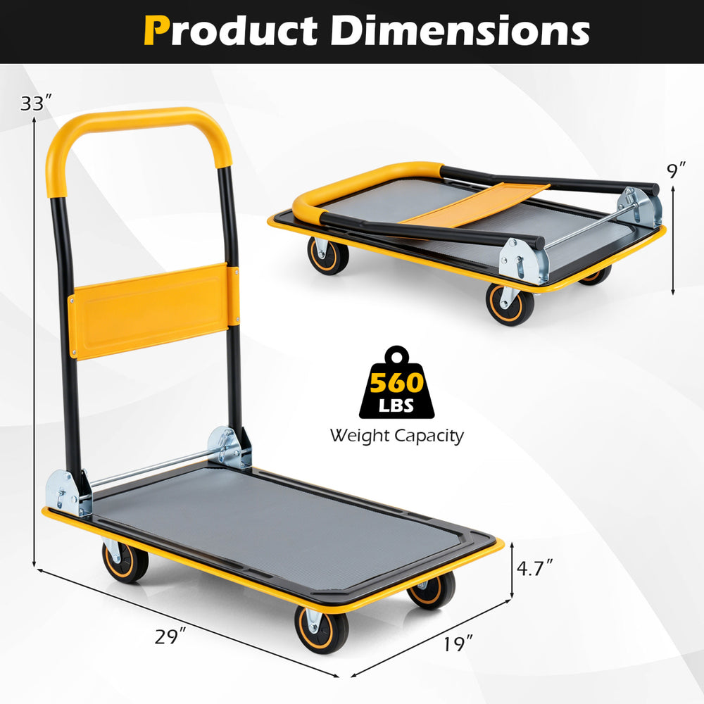 Heavy duty foldable push cart dolly in yellow with a 560 lbs weight capacity and ergonomic handle for easy transport.