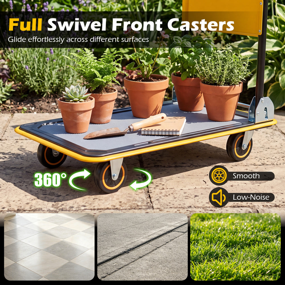 Heavy duty foldable push cart dolly with 560 lbs capacity features full swivel front casters for smooth, low-noise movement.