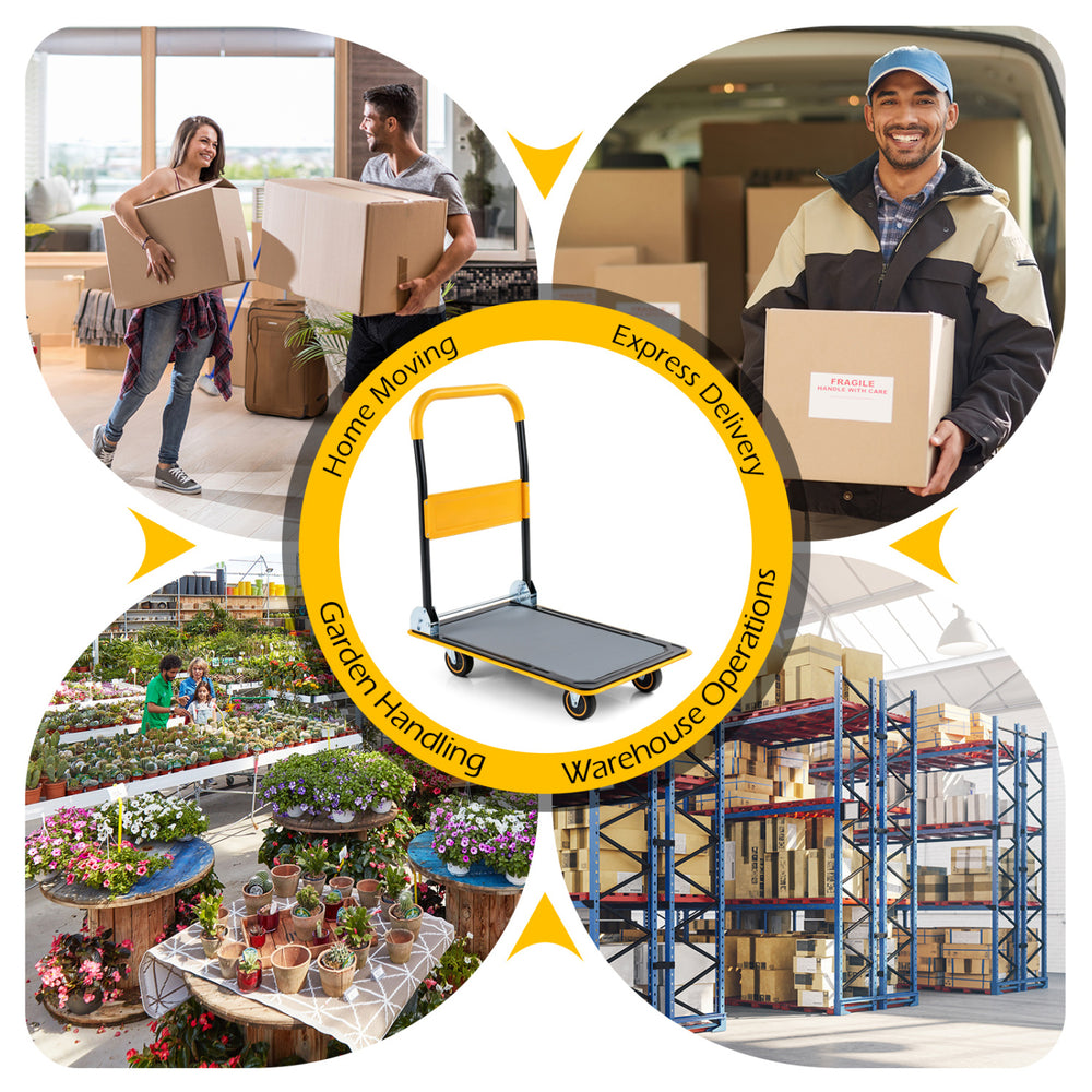 Heavy duty foldable push cart dolly in yellow, designed for home moving and warehouse operations with 560 lbs capacity.