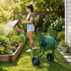 Heavy duty garden hose reel cart with green powder-coated metal frame, holding up to 300 FT of 5/8" hose for easy watering.